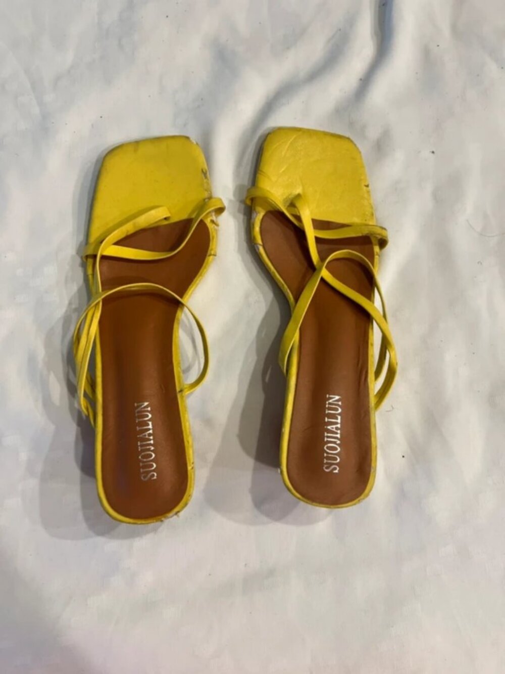 Yellow strappy square toe block heel sandals